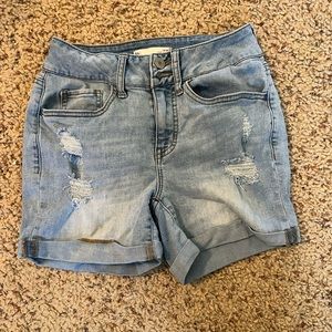 Distressed denim shorts